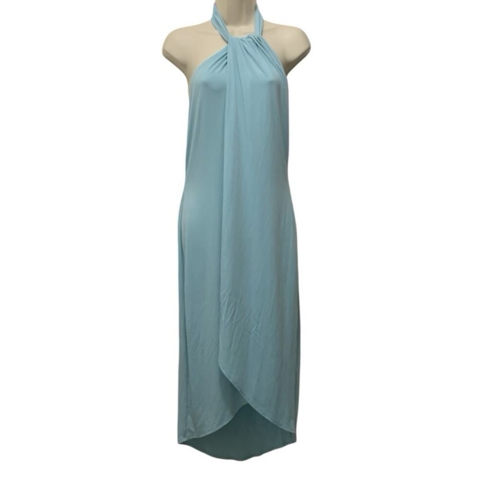 VENUS Aqua Blue Faux Wrap Halter Dress High Low Midi Small Backless